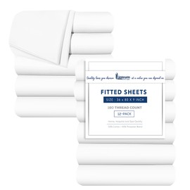 Linteum Textile Supply White Fitted Sheet Twin 36x80x9 Inches Poly Cotton Blend 180 Thread Count Bottom Sheets Only Soft, Breathable, Easy Care Fitted Sheets for Hospital Bed, Home, Spa [12 Pack]