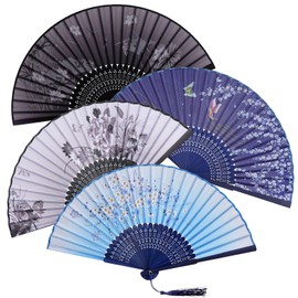 Nydotd 4 Pcs Handheld Floral Folding Fans for Women Silk Bamboo Hand Held Fan Vintage Chinese Japanese Foldable for Dance Wedding Kung Fu Props Cosplay Party Decoration Gifts