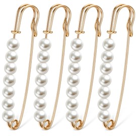 4 Pcs Safety Pin Brooch Faux Pearl Brooch Pins Decorative Pearl Pants Clips Tighten Waist Pins Large Shawl Pins for Women Clothing Dress Pants Skirt Accessories Waist Extender Decorative Pins (Gold)