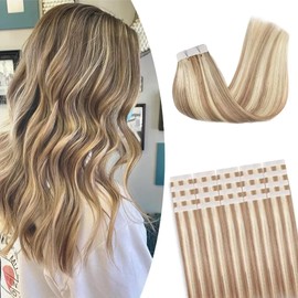 Fimislosion Tape In Hair Extensions Human Hair 22 Inch 20pcs 50g Color Light Golden with Brown