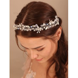 Deniferymakeup Silver Bridal Hair Vine Opal Hair Piece Crystal Rhinestone Wedding Hair Piece Pearl Blue Bridal Jewelry for Women and Girls