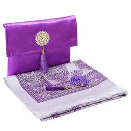 Vanuat 3pcs Set Muslim Prayer Rug Set with Elegant Pouch 99 Beads Pearl Prayer Tasbih Portable Prayer Mat for Women Eid Wedding Gifts (Purple)