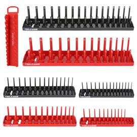 TOOLEAGUE 7Pcs Socket Organizer Tray and Magnetic Wrench Holder Set,Red SAE & Black Metric, 1/2", 1/4", 3/8" Socket Storage Trays for Tool Box Drawer