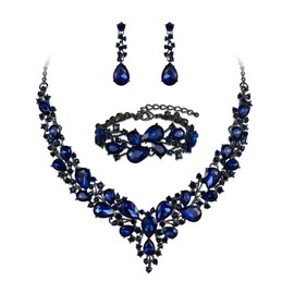 BriLove Wedding Bridal Jewelery for Women Austrian Crystal Teardrop Cluster Statement Necklace Dangle Earrings Link Bracelet Set Navy Blue Sapphire Color Black-Silver-Tone