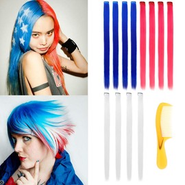 22 inch Colored Hair Extensions Multi-colors Party Highlights Synthetic Clip in Hair Extensions Rainbow Straight Hairpieces for Women and Kids 12 Packs (White&red&blue)