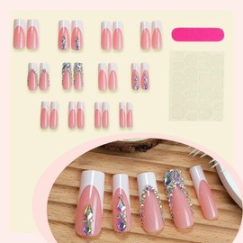 QQPPOLIU Long Press on Nails Square Shape Cute Fake Nails Pink with Rhinestones Design White French Tip False Nails Summer Glue on Nails for Women 24pcs