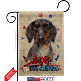 Patriotic Black Tan Dachshund Burlap Garden Flag Set with Stand Animals Dog Puppy Spoiled Paw Canine Fur Pet Nature Farm Animal Creature Small Gift Yard House Banner Double-Sided Made In USA 13 X 18.5