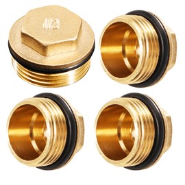Pack of 4 Brass Plugs, 1/2 Inch, Pipe End Cap, Blanking Plug, 1/2 Inch External Thread Sealing Plug, Pipe Plug with Rubber Ring for Water Pipes, Radiators, Heating and Drinking Water Systems Suitable