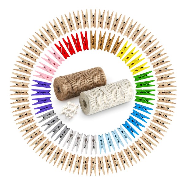 ABSOFINE 200 Wooden Clothes Pegs with 120 m Garden Cord