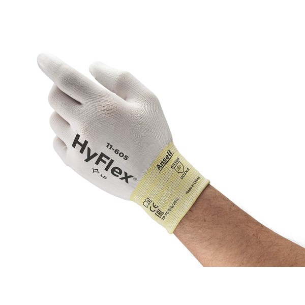 Ansell HyFlex 11-605 Nylon Glove, White Polyurethane Coating, Size 9,