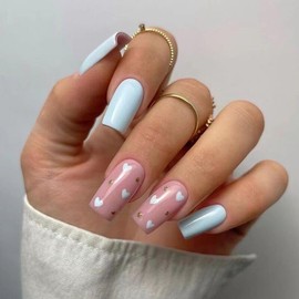 Pikabows Press on Nails Fake Medium Coffin Blue Nude Pink Heart Acrylic False Nail Tips Kit Glue on Nails for Women