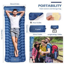 Guryon Self Inflating Camping Mat, Ultralight Inflatable Single Camp Mattress with Ergonomic Pillow, 9 cm Thick Portable Camping Pad for Hiking Camping Backpacking Travel Outdoors