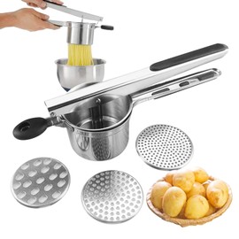 Potato Ricer, Stainless Steel, Spaetzle Press with 3 Interchangeable Discs, Potato Press for Fluffy Mashed Potatoes, Vegetable Porridge, Fruit Juices (Colour: Silver)