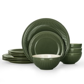 Famiware Garden Plates and Bowls Set, 12-Piece Dishes Set for 4, Scratch Resistant Kitchen Dishes Dinnerware Set - Microwave and Dishwasher Safe, Reactive Glaze and Embossed Stoneware, Dark Green