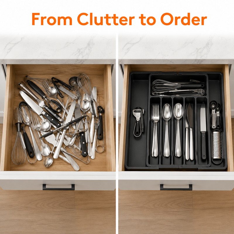 Expandable Silverware Drawer Organizer for Cutlery - Adjustable Plastic Utensil