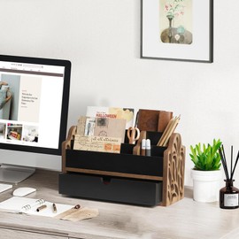 Dhmkfly Desk Organizer with Drawer Wood File Office Mail Organizer Countertop-5 Slot Tabletop Storage Pen Organizer Letter Holder for School Home Office Supplies