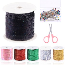 Mardatt 102Pcs 100 Yards 6mm Flat Sequin Strip with Push Pins and Scissors, Sequin String Trim Metallic Shiny Trim Sequins Line Stretch Sequin String Ribbon Roll for Crafts Costume Sewing(Laser Black)