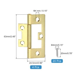 sourcing map Non-Mortise Door Hinges, 2.5" x 1" Non Mortise Bifold Butt Door Hinges Heavy Duty Steel Flush Cabinet Hinges with M4 Screws for Bathroom Windows Cupboard Gold Pack of 4