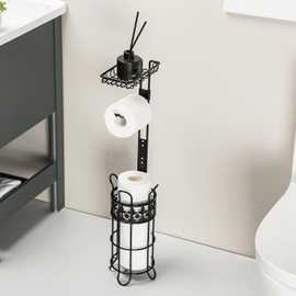 Sixeightfafa Toilet Paper Holder, Adjustable Height, Toilet Paper Stand and Dispenser for 4 Rolls, Free Standing, with Storage Shelf Bathroom Accessories, Bright Black