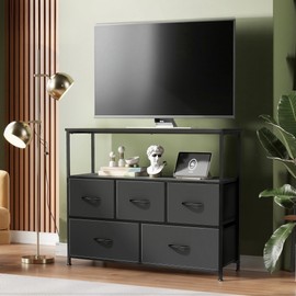 Sweetcrispy Dresser for Bedroom, TV Stand, 5-Drawer Fabric Storage Cabinet with Open Shelves, Console Table, Entertainment Center and Closet Organizers for Living Room Furniture, Black