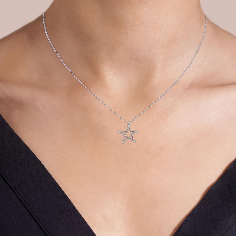 Silver Pentagram Star Pendant Necklace, Cubic Zirconia Crystals, Hollow Design