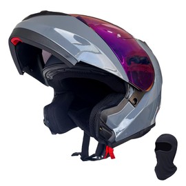KRN Adult Motorcycle Helmet Modular Flip-up Helmet DOT Approved - Street Racing Crash Helmet with Color Visor & Balaclava -Gloss Gray (S)
