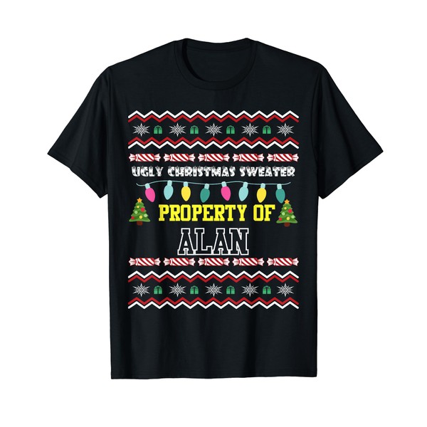 Personalised First Name Alan Ugly Christmas Sweater Design T-Shirt, black