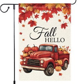 Hello Fall Garden Flag, Truck Garden Flags 12x18 Inch Double Sided Small Burlap Autumn Harvest Pumpkin Maple Leaf Rustic Farmhouse Yard Lawn Patio Outside Thanksgiving Decoration