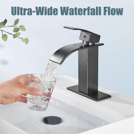 Aolemi Bathroom Faucet Single Handle 1 Hole Deck Mount Lavatory Vanity RV Sink Mixer Basin Tap with Cover Plate and Pop Up Drain Assembly, Oil Rubbed Bronze, Waterfall Spout