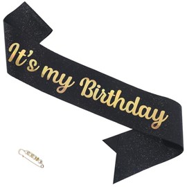 ZHBDPaty 'it's my Birthday' Birthday Girl Sash Glitter with Pearl Pin Party Favors For Girl Women (Black Gold)