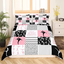 Gymnastics Girls Duvet Cover Set Twin Size Pink Black Geometric Plaid Bedding Set 2pcs for Kids Women Gymnast Youth Bedroom Sports Dancing Comforter Cover Modern Stripes Quilt Cover,1 Pillowcase