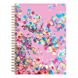 Blue Sky Good Vibes Notebook, 160 Lined And Perforated Pages, 5.75" x 8.5", Gold Durable Twin Wire Binding, Flexible Glitter Shaker Cover, Party Dots Pink