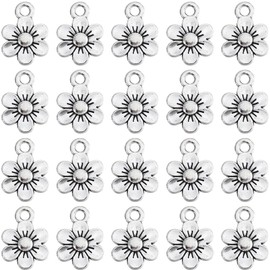 SUNNYCLUE 1 Box 100Pcs Silver Flower Charms Sakura Charm Antique Alloy Metal Cute Plant Little Blossom Charms for jewellery Making Charms Supplies Accessories Necklace Bracelets DIY Making Crafting