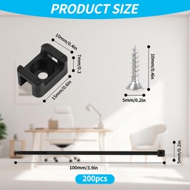200Pcs Black Nylon Mount Base Screw Cable Tie, Heavy Duty Screw Mount Cable Tie, Strong Nylon Self-Locking Cable Zip Ties for Home Wire Management