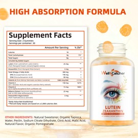 Wellcatcher Gomitas de luteína y zeaxantina: vitaminas para los ojos Gomitas de luteína de 25 mg Suplemento para la salud ocular sin azúcar para adultos y niños Claridad en la visión Alivio de los o