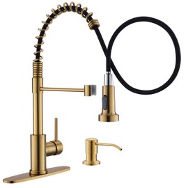 GIMILI Brushed Gold Kitchen Faucet with Soap Dispenser, Single Handle Spring Pull Out Kitchen Sink Faucets with Pull Down Sprayer