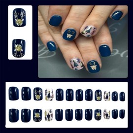 LBPEPAMZ Christmas Press on Nails Short Square Fake Nails Blue Gold Xmas Tree Stick on Nails Cute Elk Winter Acrylic Nails False Nails Full Cover Glossy Glue on Nails for Women Manicure Decor 24Pcs