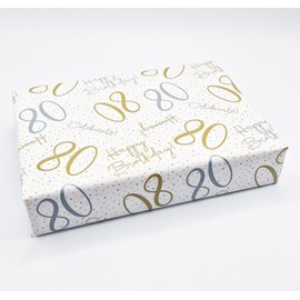 2 Sheets 80th Happy Birthday Celebrate Hooray White Gold Silver Unisex Wrapping Paper Age 80 Birthday Male Female Giftwrap (PA)