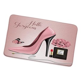 Flower Butterfly Bath Mat Hello Gorgeous Fashion Girl Black Perfume Bottle Lipstick Pink High Heel Rose Floral Romantic Lover Girls Bathroom Rugs Shower Mat Bedroom Kitchen Carpet 17.8x29.5 Inch