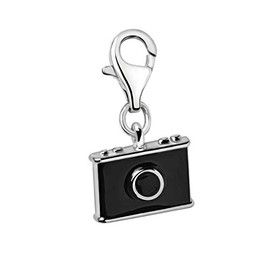 Quiges Black Enamel 3D Photo Camera Clip On Charm Pendant Silver Plated Women's Jewellery