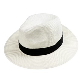 AQOKKA Summer Straw Fedora Hat for Women Men Travel Panama Hat with Wide Brim Roll Up Sun Hat for Beach Outdoor UPF 50+