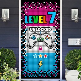 Level 7 Unlocked Happy 7th Birthday Level Up Banner Backdrop Background Photo Booth Props Video Game Game Controller Theme Decorations Decor for Door Porch Boys Girls 7th Birthday Party Supplies