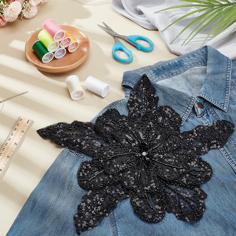MAYJOYDIY Black 3D Sequin Flower Applique Sparkly Sew on Sequins