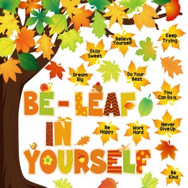 Funrous Fall Bulletin Board Decorations Classroom Fall Tree Maple Leaves Pumpkin Bulletin Board Set Be Leaf in Yourself Inspirational Quote Cutout Autumn Thanksgiving School Wall Decor(Maple Leaf)