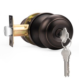 Probrico Door Knobs with Lock and Key, Exterior Door Locks, Flat Ball Knob Style, Oil Rubbed Bronze, 1 Pack
