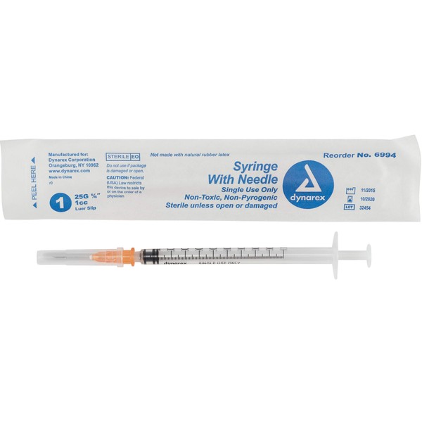 Dynarex Disposable Syringe With Needle - 1CC - 25G, 5/8"