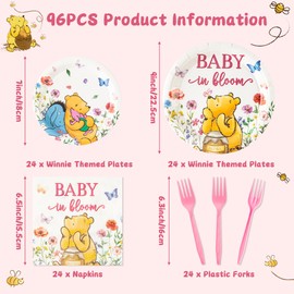 Z1juce Wildflower Winnie Party Tableware - 96PCS Wildflower Winnie Themed Party Plates Napkins and Forks Complete Disposable Set Serve 24 Guests Dinnerware for Baby Shower Birthday Parties Supplies
