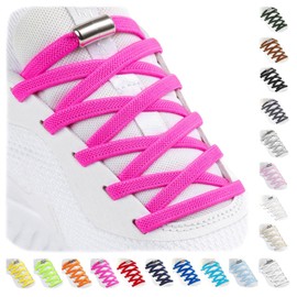 Stepace Elastic Shoelaces with Metal Capsules, No Tie Shoelaces for Kids Adults Trainers, 2 Pairs Flat with Screw Lock, neon pink