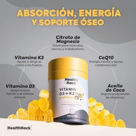 Vitamina D3 + K2 400 UI Aceite de Coco 60 Gomitas Sin Azúcar Health Hack