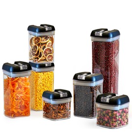 Air-Tight Food Storage Containers with Lids, Set of 7, Clear, BPA Free Plastic Cereal Containers with Easy Lock Lids, for Kitchen Pantry Organization and Storage, Include 24 Labels (Black)